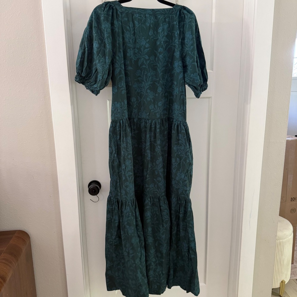 Faherty Somerset Maxi Dress Teal Floral Organic Cotton Square Neck Puff Sleeve S - Picture 4 of 8